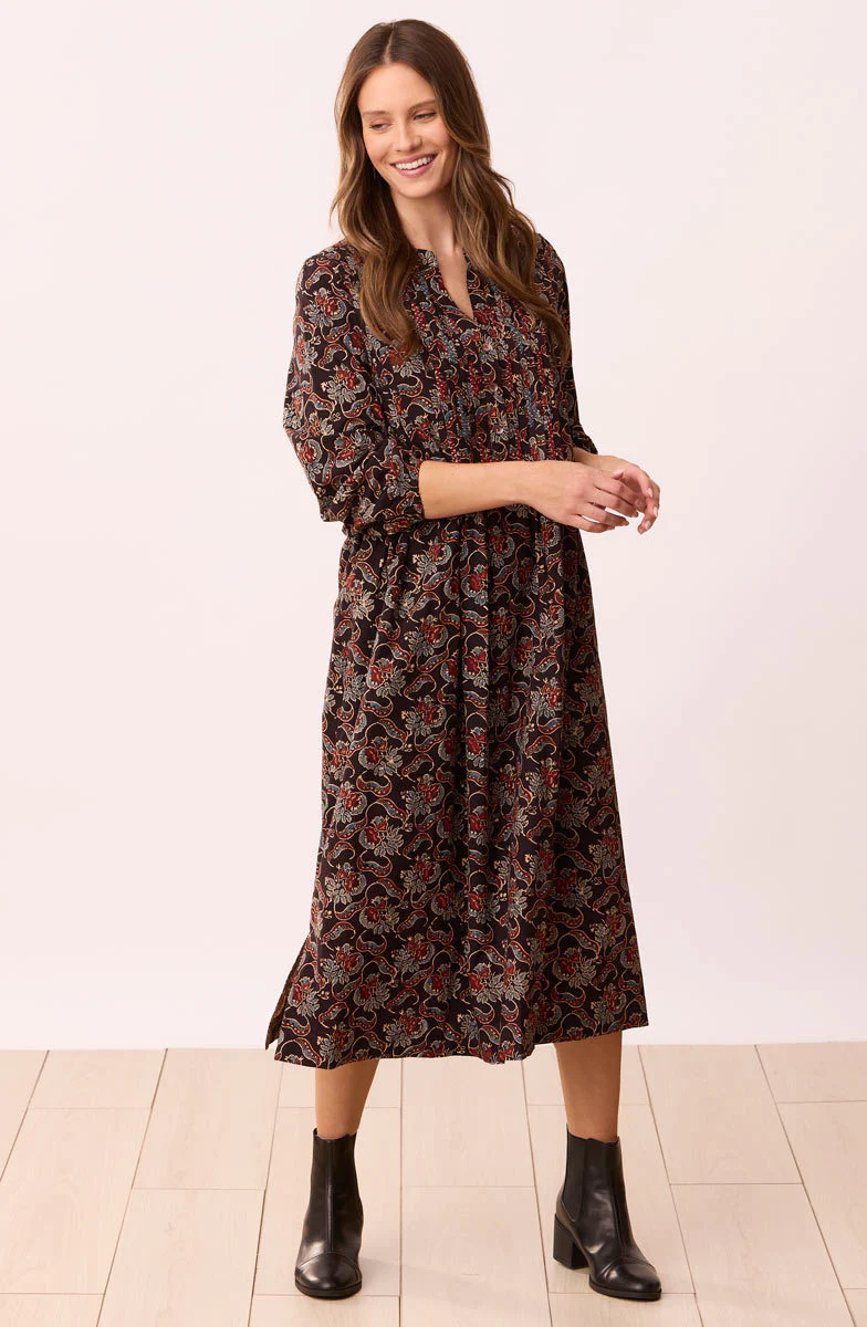 Anvita Long-Sleeve Pleated Midi Shirtdress - Black/Multi - Image 4