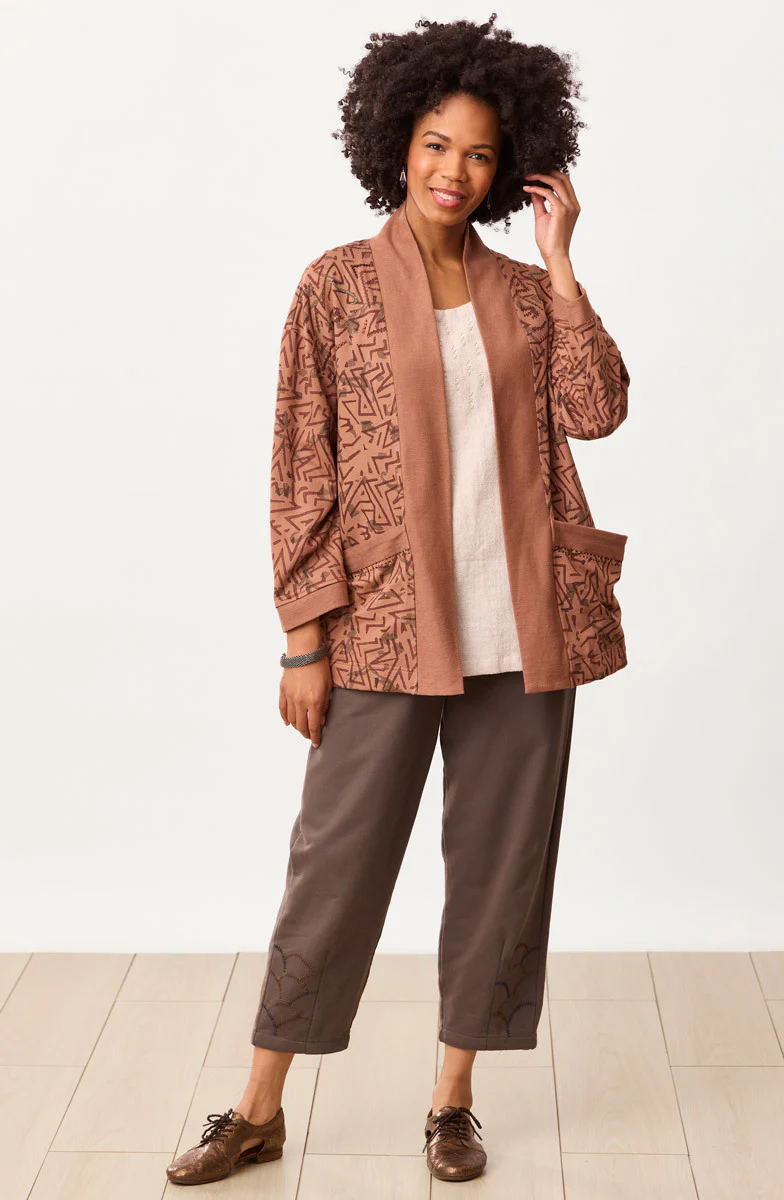 Mahoba Unstructured Shawl Collar French Terry Jacket - Mocha - Image 7