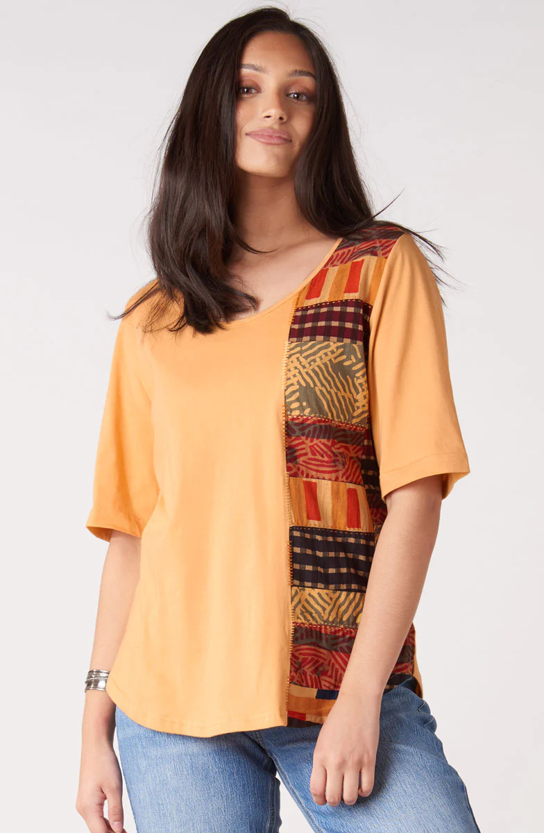 Maira Upcycled Patchwork Knit Tee - Mango Lassi/Chindi - Image 3