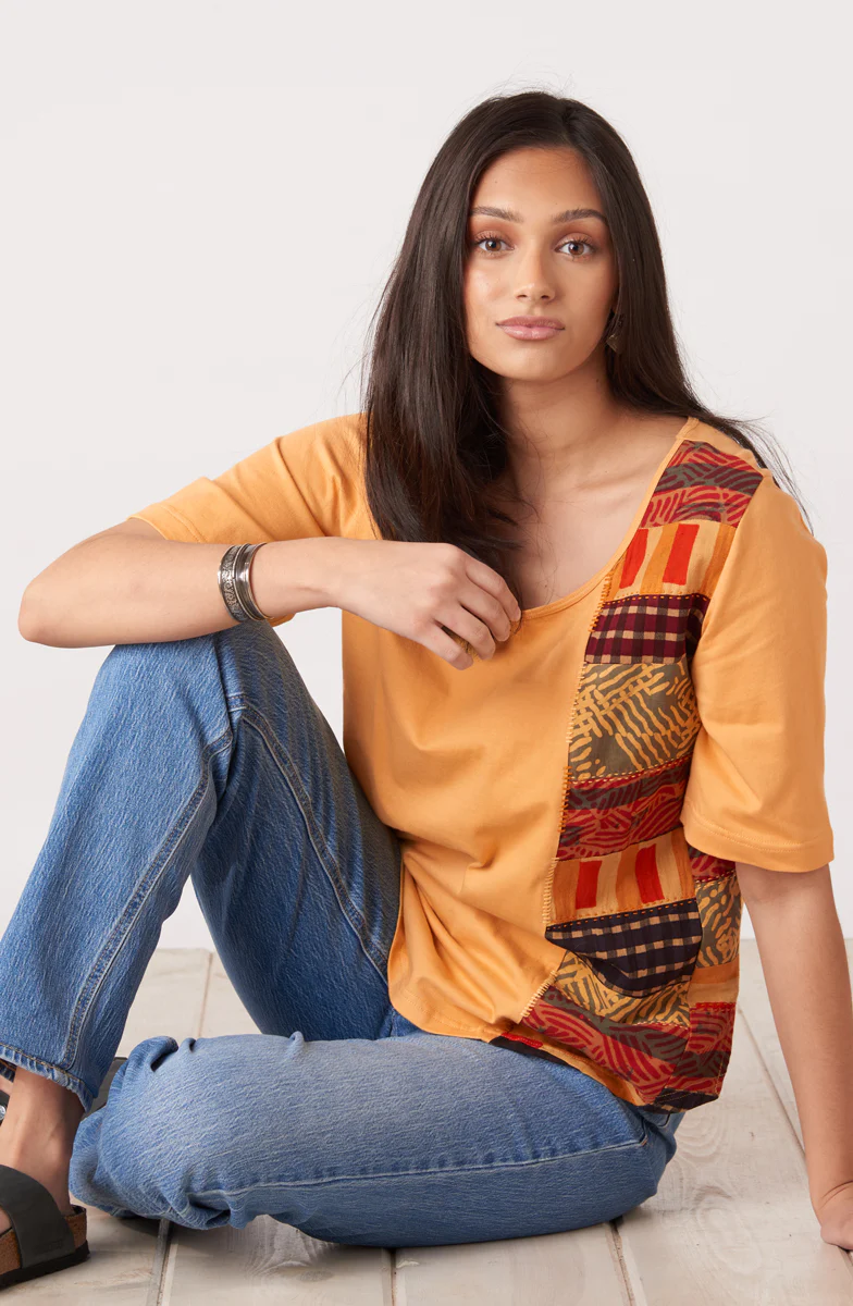Maira Upcycled Patchwork Knit Tee - Mango Lassi/Chindi - Image 4