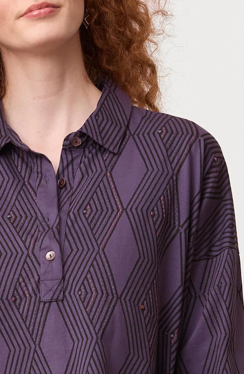 Malati Organic Cotton Jersey Oversized Collared Tunic - Aubergine - Image 3