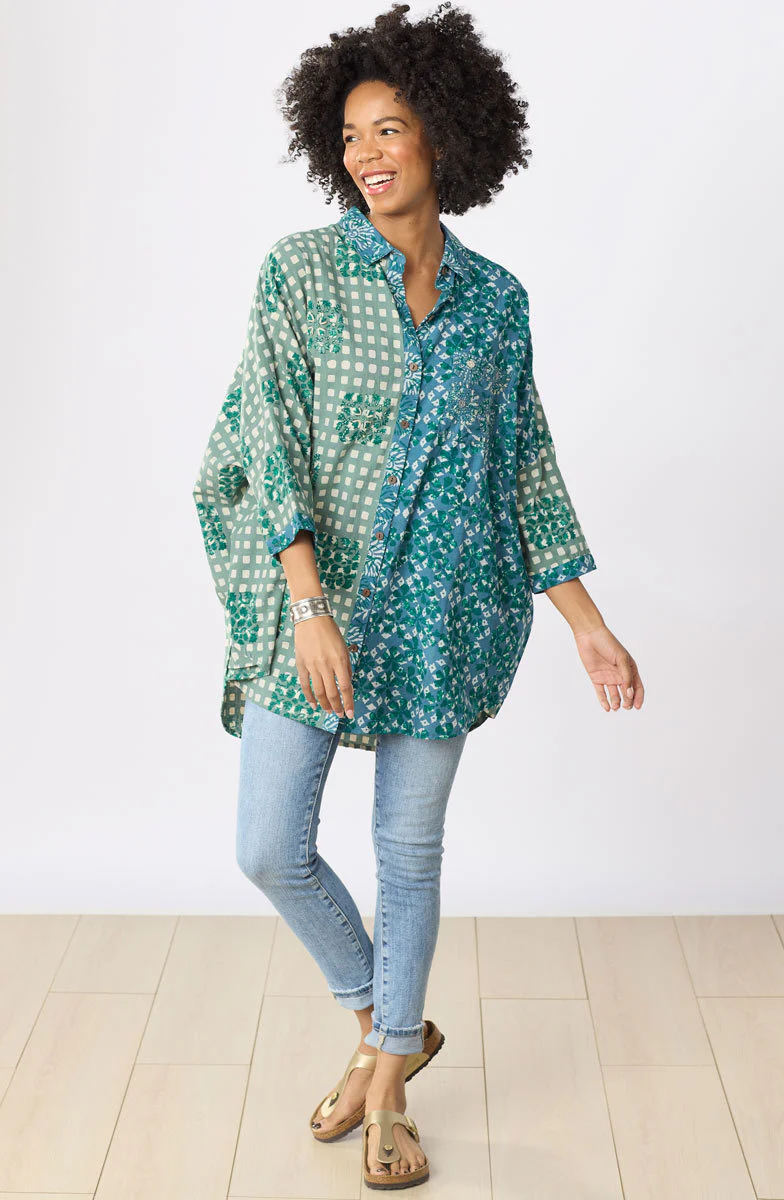 Mandvi Button-Down Oversized Shirt - Dusty teal/Multi - Image 5