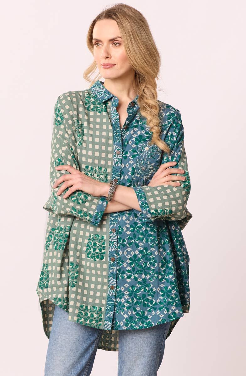Mandvi Button-Down Oversized Shirt - Dusty teal/Multi - Image 6