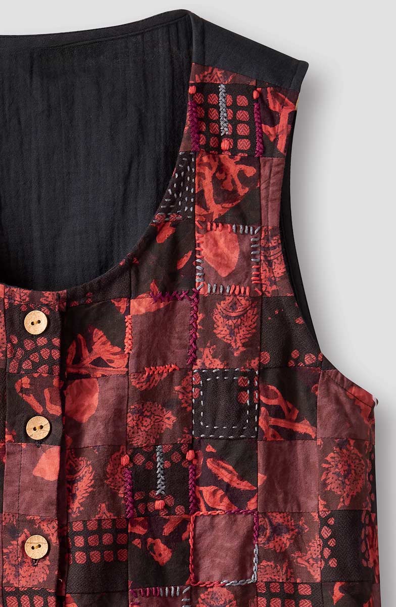 Manya Upcycled Patchwork Cropped Tank/Vest - Red/Chindi - Image 3