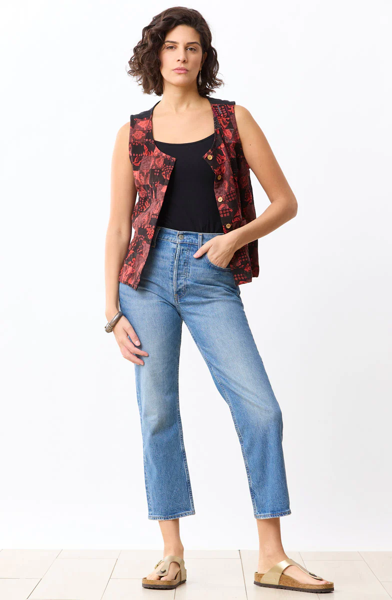 Manya Upcycled Patchwork Cropped Tank/Vest - Red/Chindi - Image 4