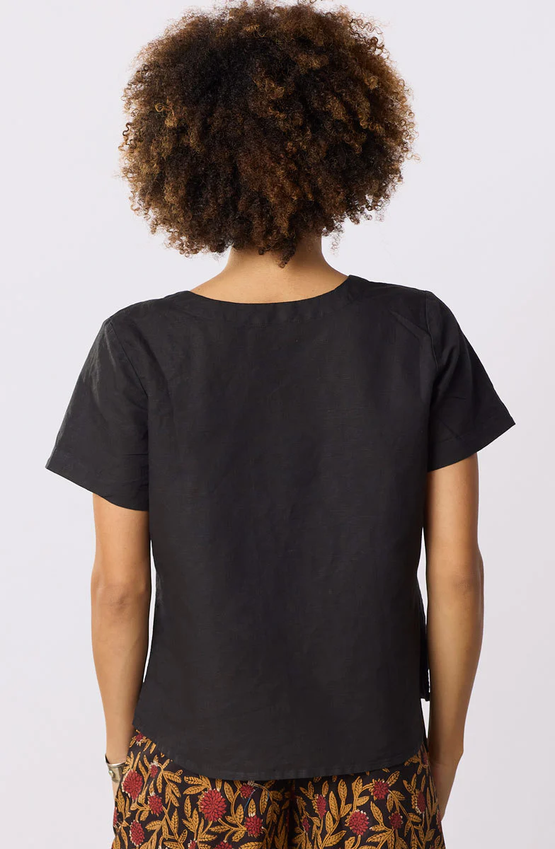 Meera Linen Cotton Short-Sleeve Button-Down Top - Black - Image 4