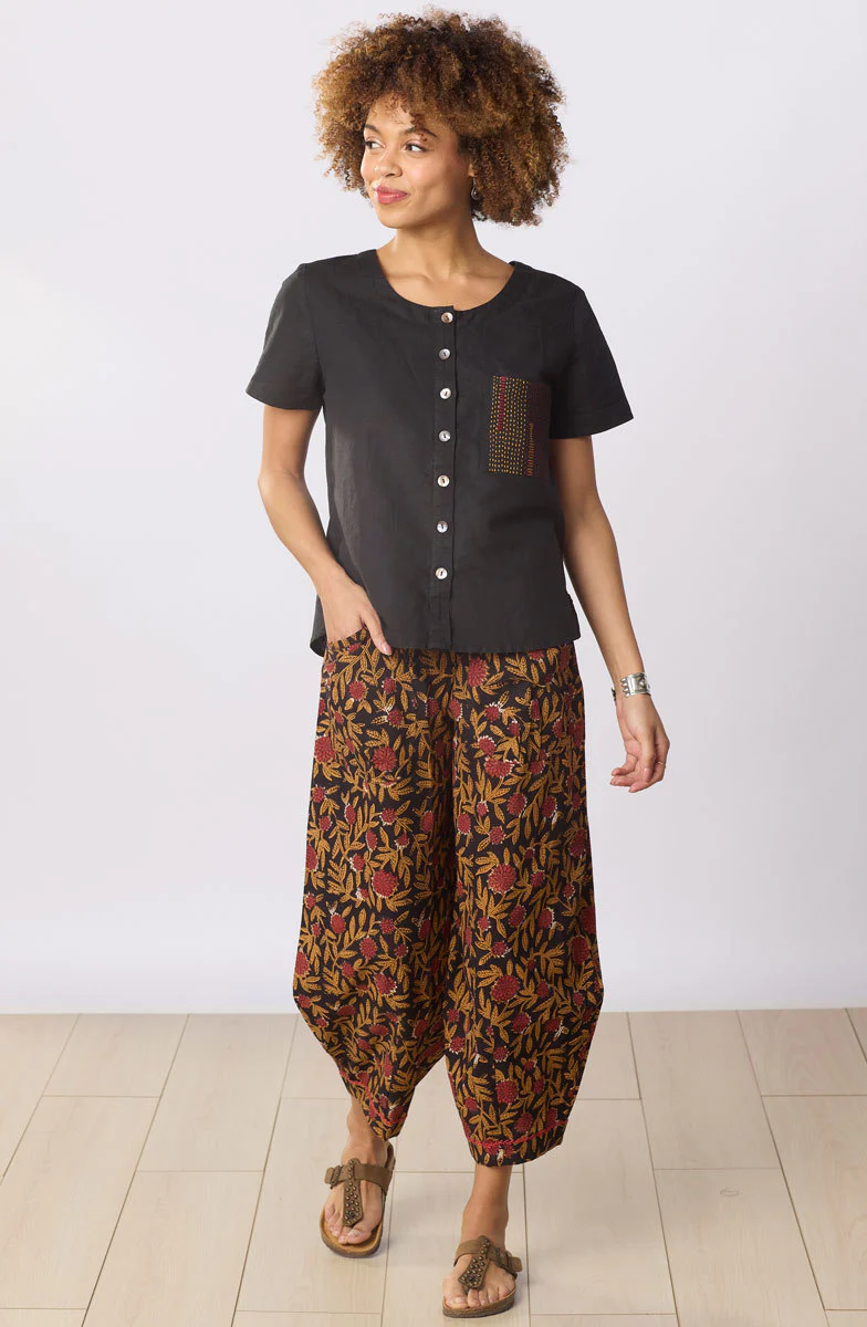 Meera Linen Cotton Short-Sleeve Button-Down Top - Black - Image 5