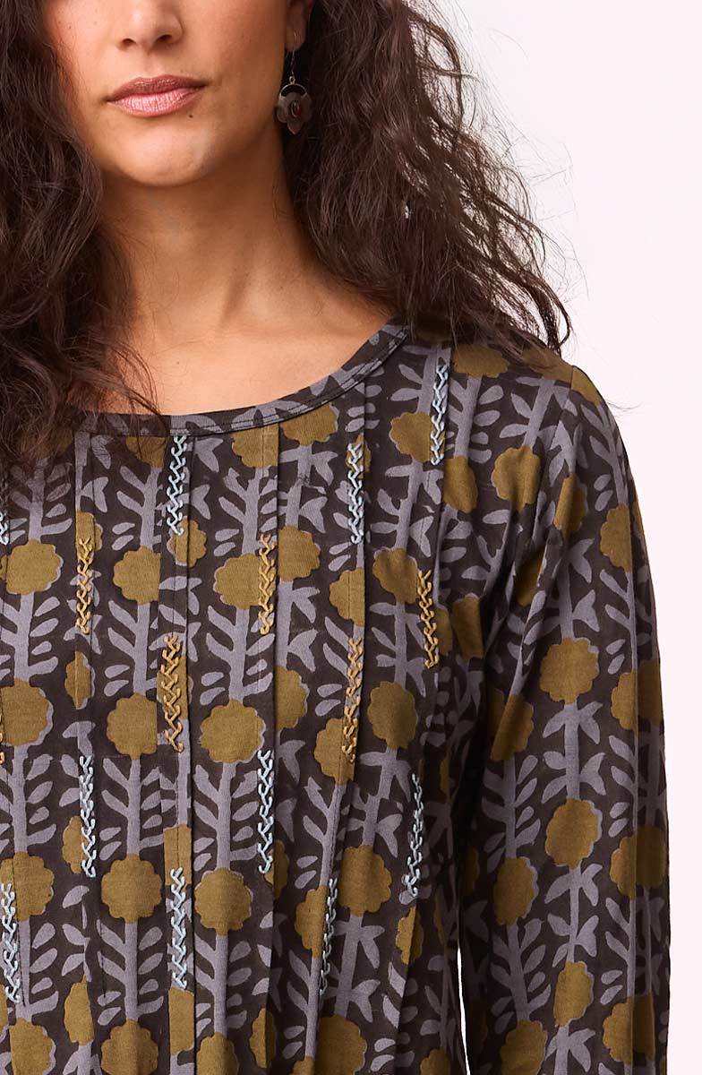Naina Block Print Scoop-Neck Cotton Jersey Dress - Black/Multi - Image 3
