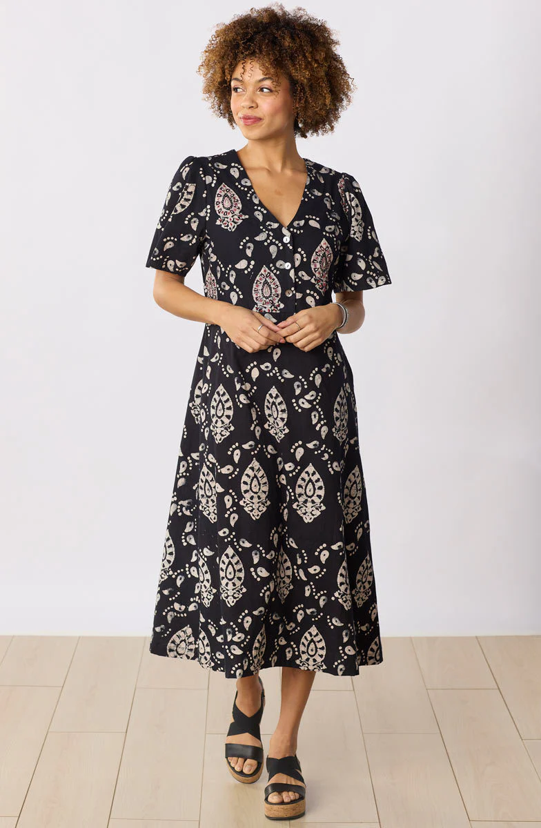 Narlai Short-Sleeve V-Neck Midi Dress - Black/Natural