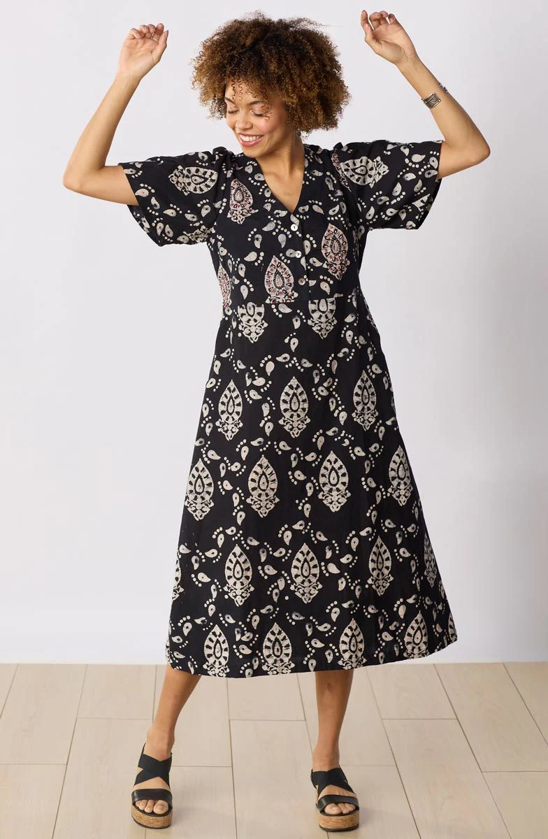Narlai Short-Sleeve V-Neck Midi Dress - Black/Natural - Image 2