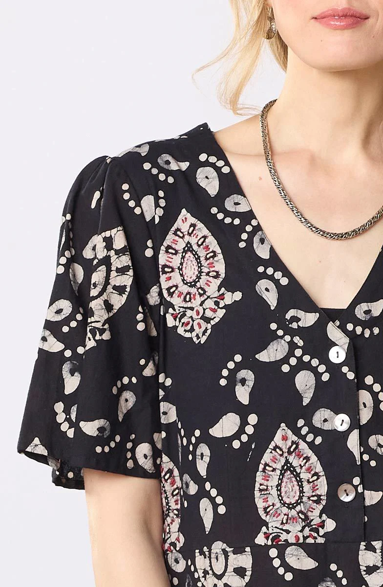 Narlai Short-Sleeve V-Neck Midi Dress - Black/Natural - Image 3