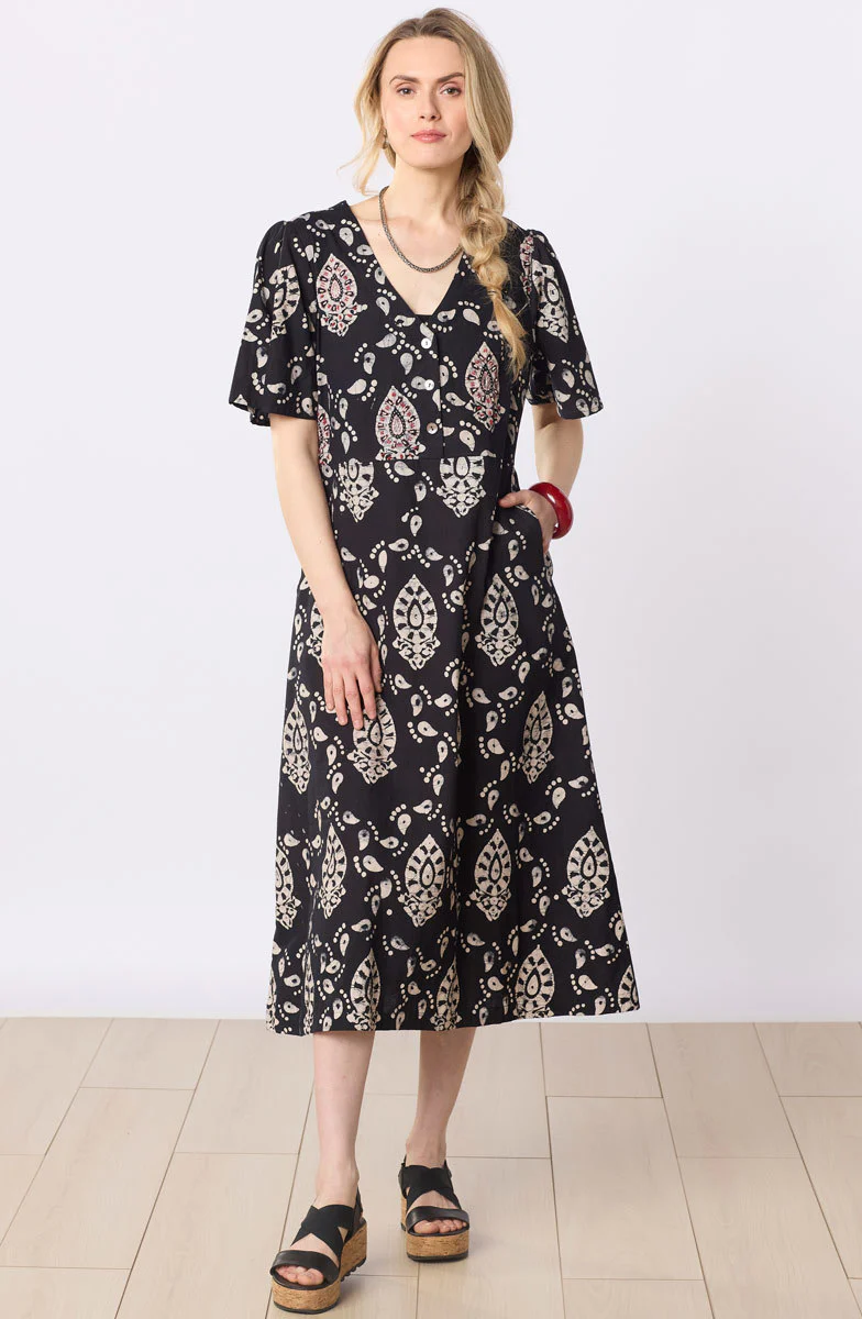 Narlai Short-Sleeve V-Neck Midi Dress - Black/Natural - Image 4