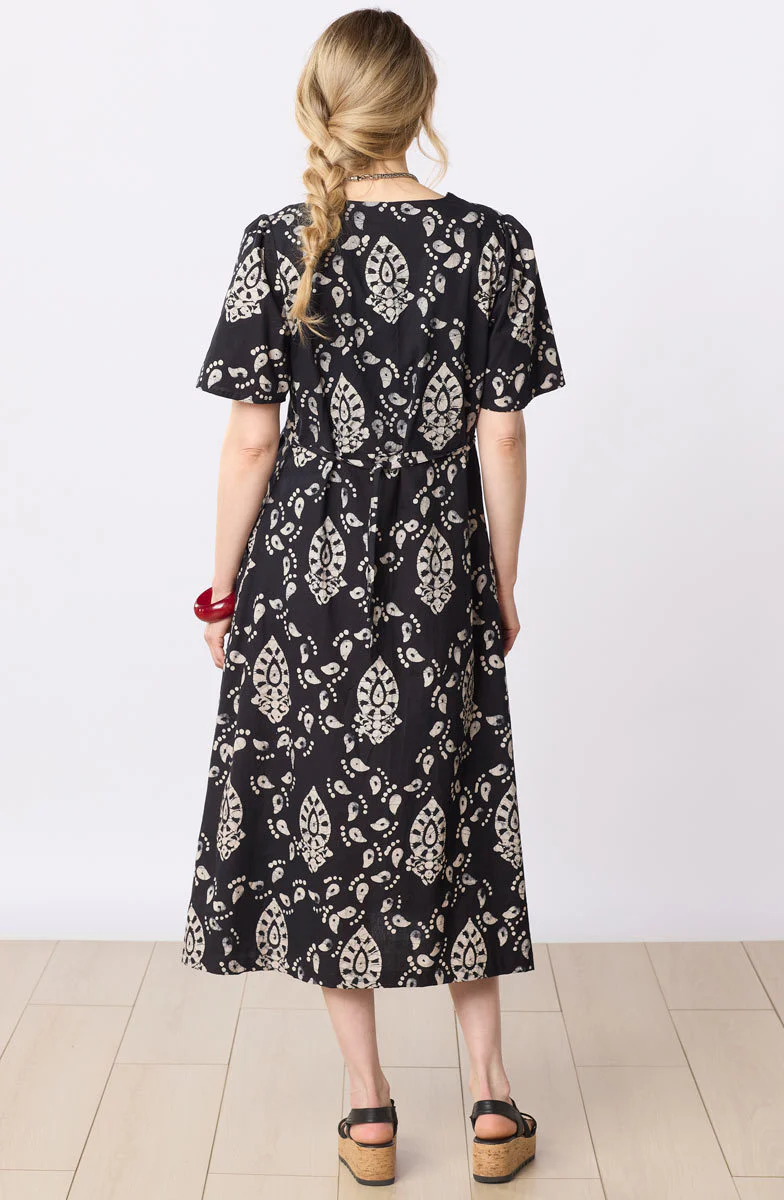 Narlai Short-Sleeve V-Neck Midi Dress - Black/Natural - Image 5