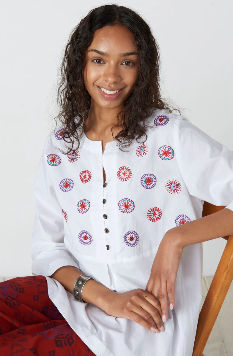 Naseera Notch Neck Embroidered Organic Top - White/Multi - Image 2