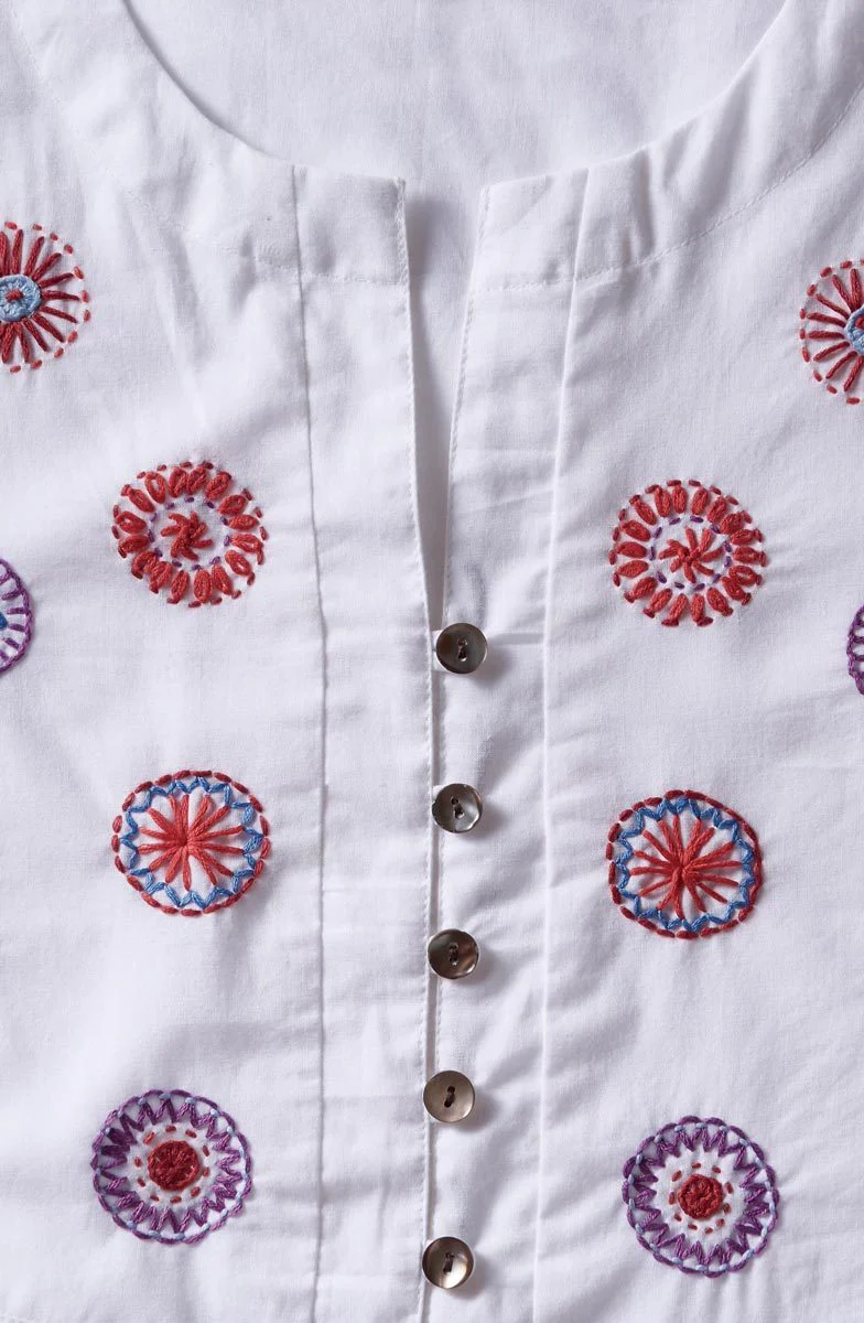 Naseera Notch Neck Embroidered Organic Top - White/Multi - Image 3