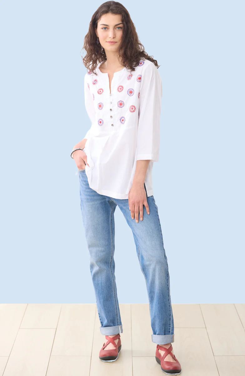 Naseera Notch Neck Embroidered Organic Top - White/Multi - Image 4