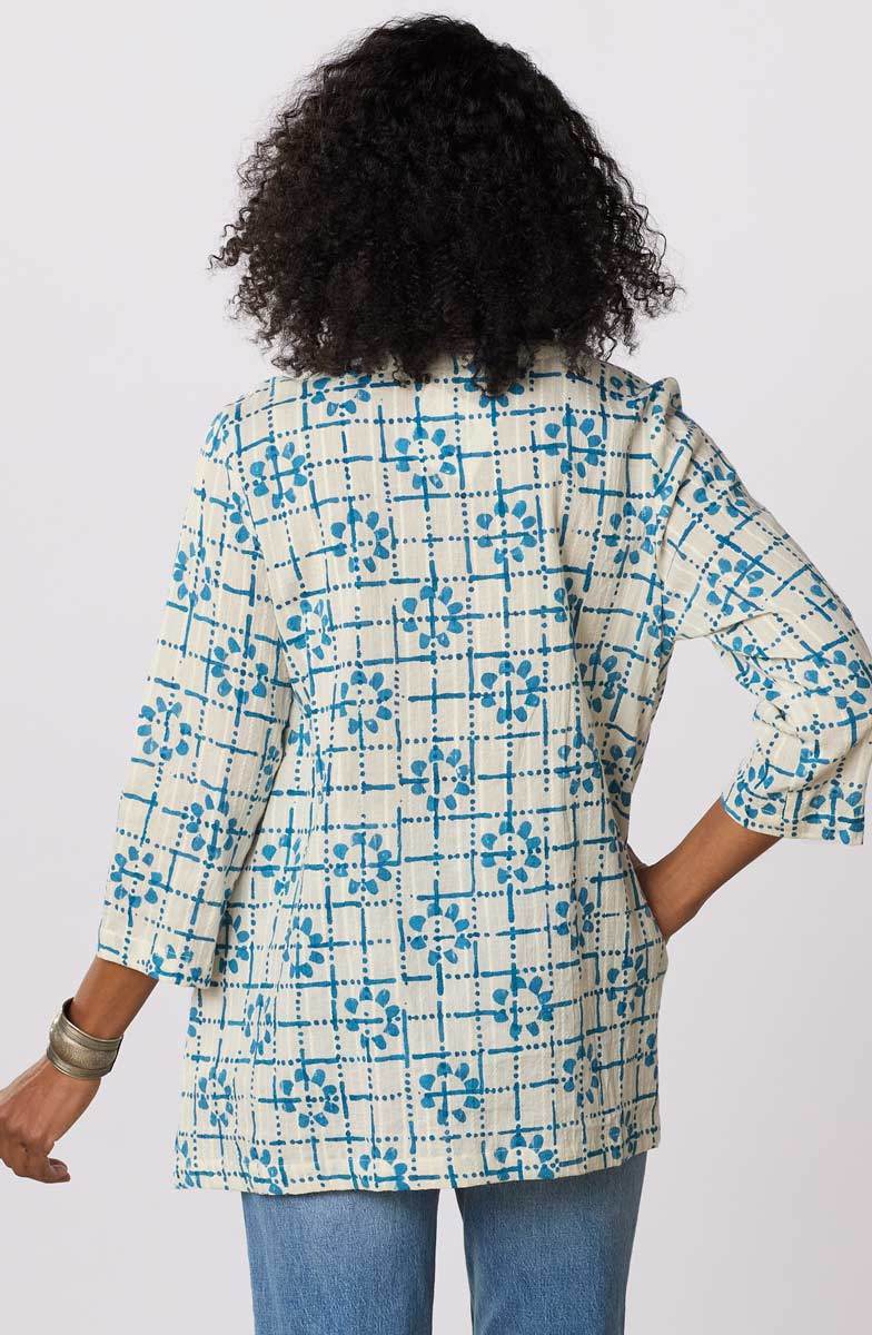 Naseera 3/4-Sleeve Notch-Neck Top - White/Blue - Image 4
