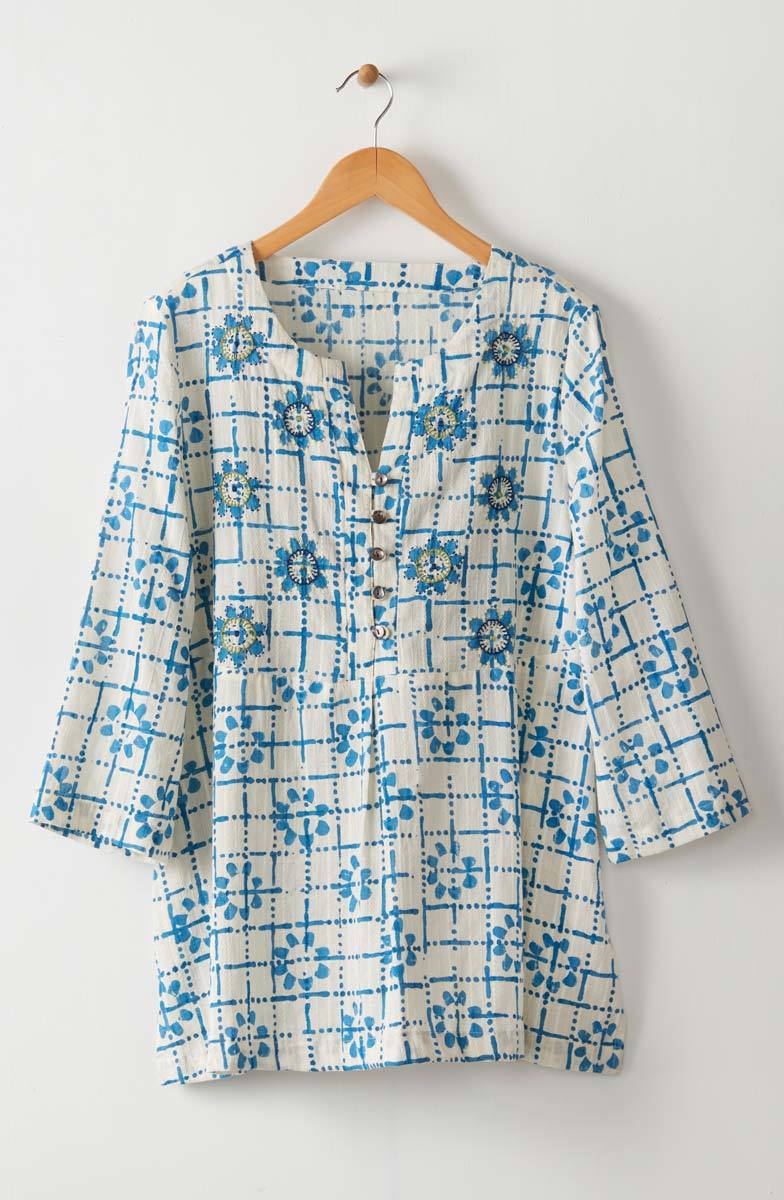 Naseera 3/4-Sleeve Notch-Neck Top - White/Blue - Image 7