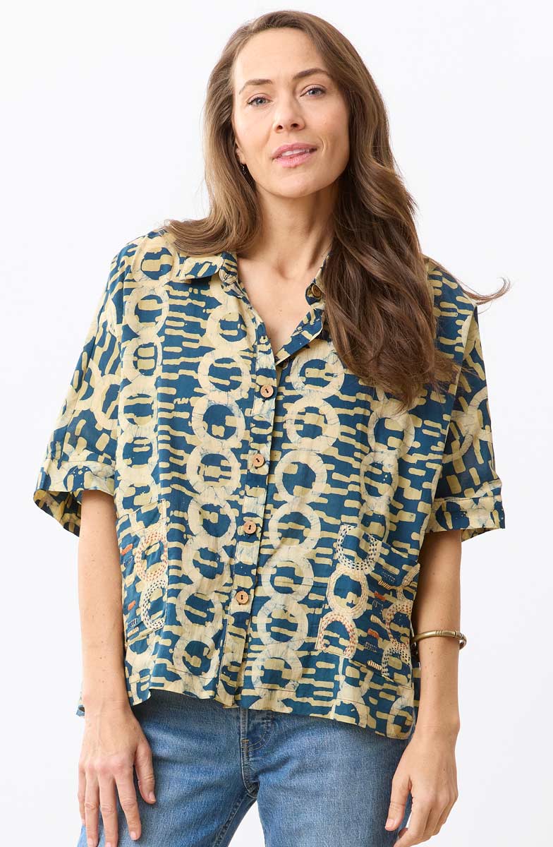 Nashik Batik Print Swing Shirt - Straw/Dusty teal
