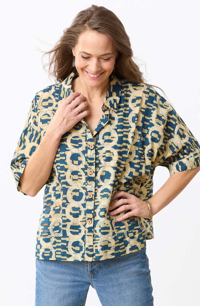 Nashik Batik Print Swing Shirt - Straw/Dusty teal - Image 3