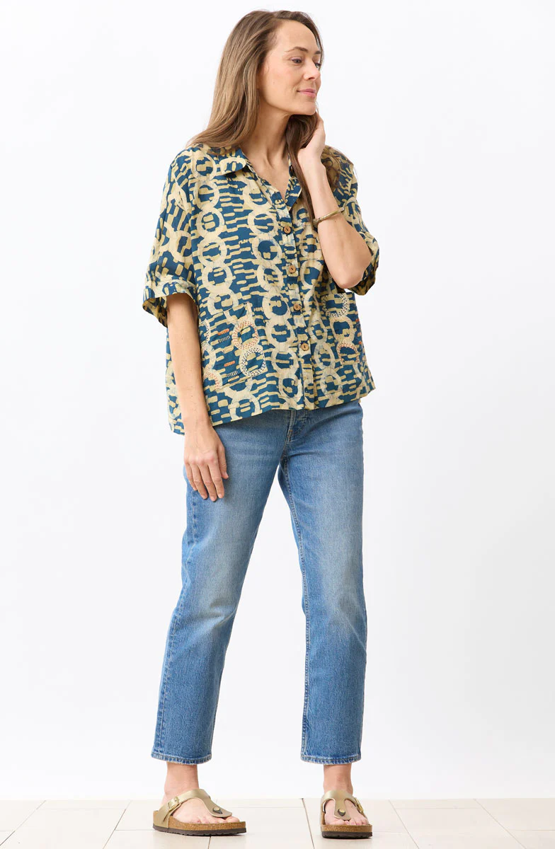 Nashik Batik Print Swing Shirt - Straw/Dusty teal - Image 4