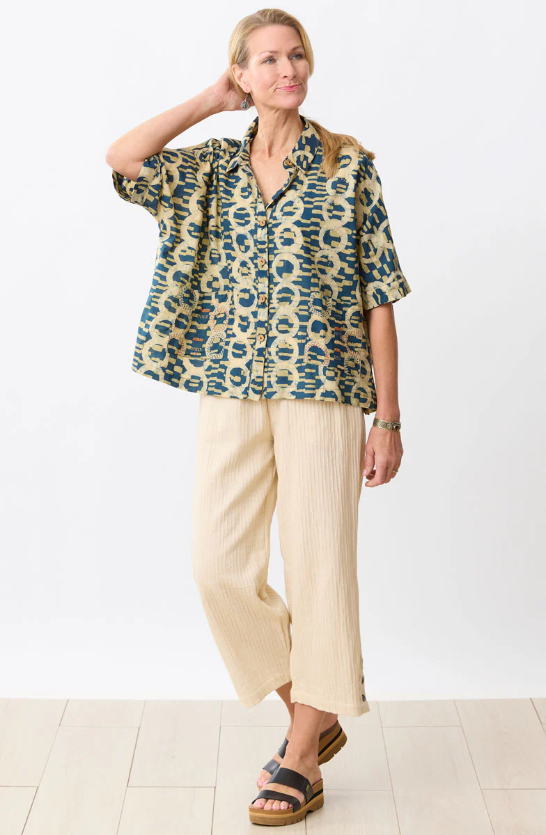 Nashik Batik Print Swing Shirt - Straw/Dusty teal - Image 5