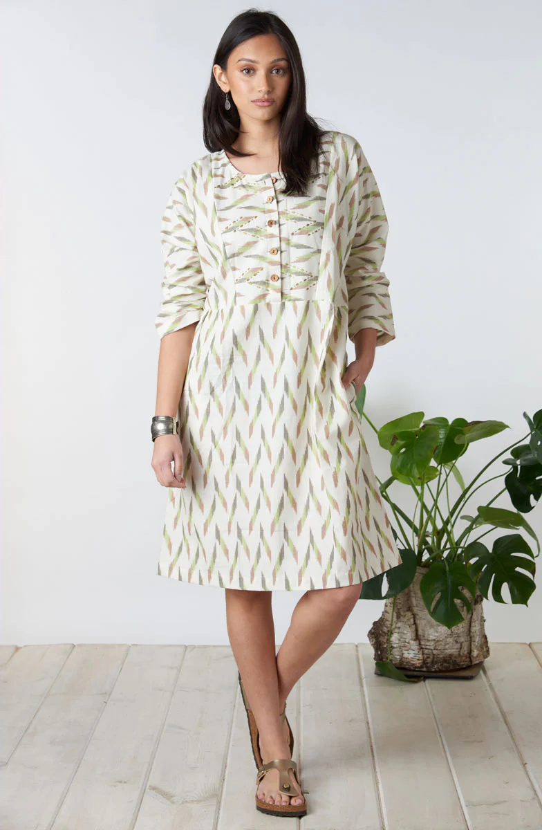 Nasreen Ikat 3/4-Sleeve Knee-Length Dress - Natural/Multi