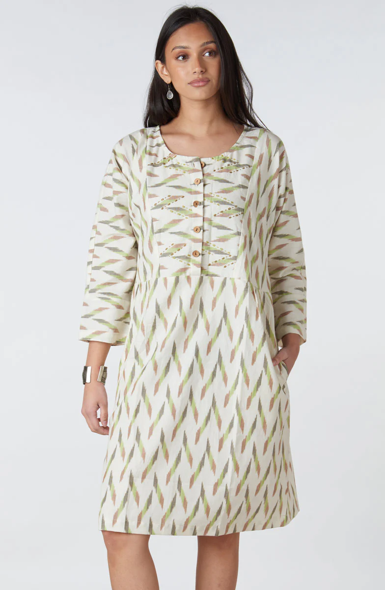 Nasreen Ikat 3/4-Sleeve Knee-Length Dress - Natural/Multi - Image 3