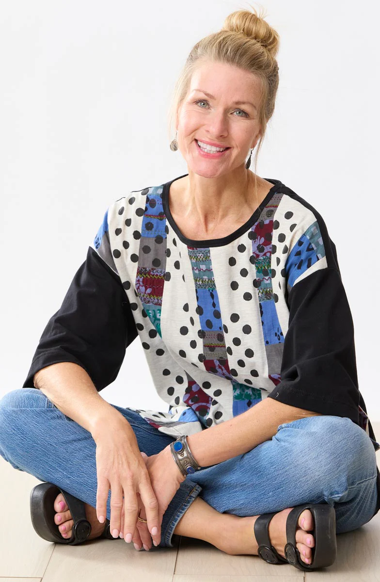 Neeti Upcycled Patchwork 3/4-Sleeve Tee - Oatmeal/Chindi