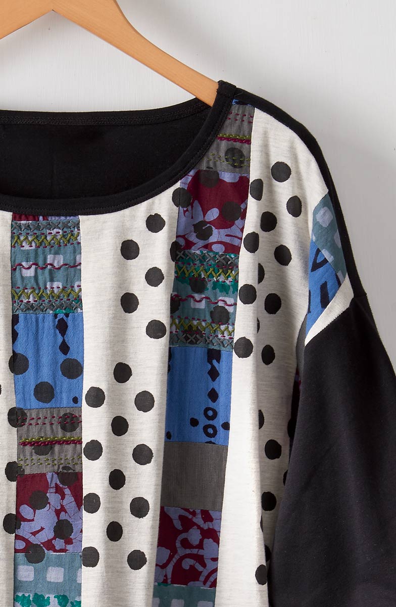 Neeti Upcycled Patchwork 3/4-Sleeve Tee - Oatmeal/Chindi - Image 2