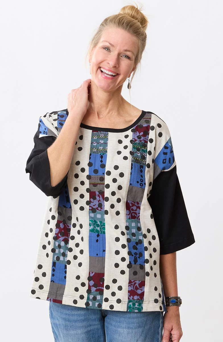 Neeti Upcycled Patchwork 3/4-Sleeve Tee - Oatmeal/Chindi - Image 3