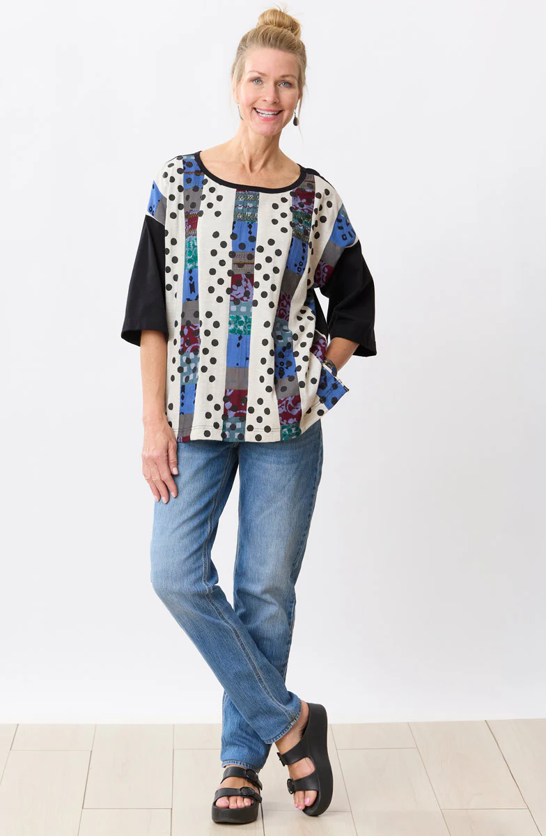 Neeti Upcycled Patchwork 3/4-Sleeve Tee - Oatmeal/Chindi - Image 5