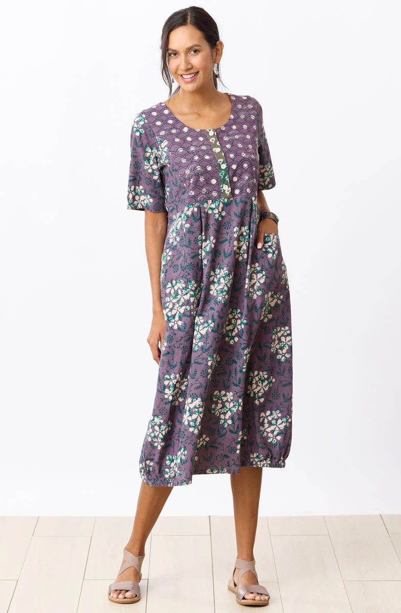Nitya Lantern-Shaped Midi Dress - Plum/Multi