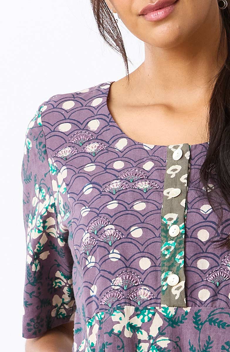 Nitya Lantern-Shaped Midi Dress - Plum/Multi - Image 2