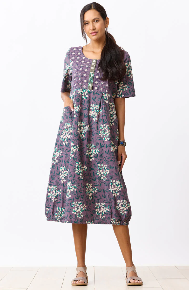 Nitya Lantern-Shaped Midi Dress - Plum/Multi - Image 3