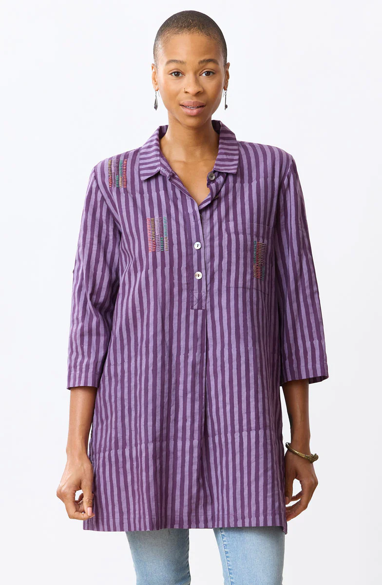 Paradeep Batik Stripe Long Shirt - Heirloom purple/Multi - Image 3