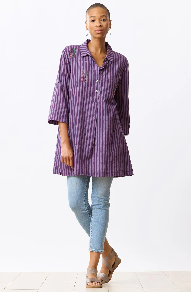 Paradeep Batik Stripe Long Shirt - Heirloom purple/Multi - Image 5