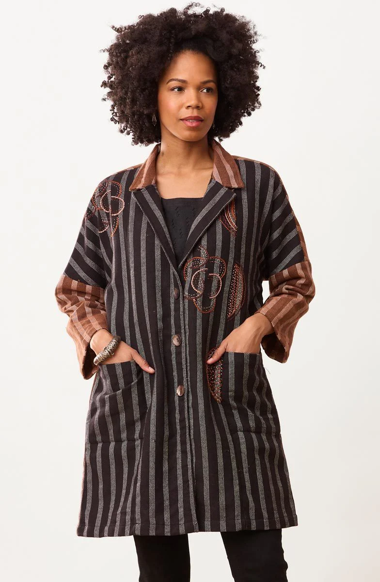 Pravya Drop Shoulder Textured Duster Jacket - Black/Mocha - Image 4