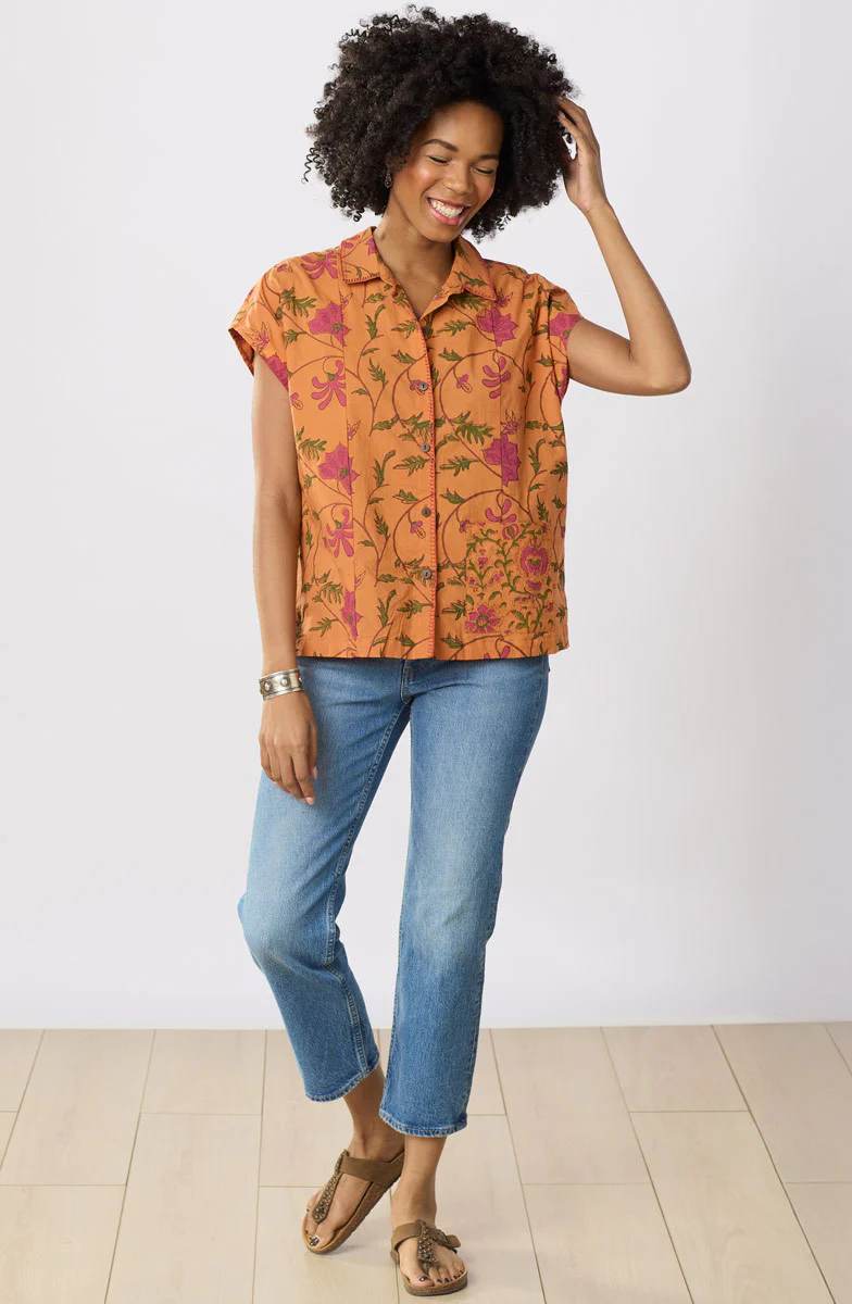 Radha Organic Cotton Button-Down Top - Honey/Multi - Image 4