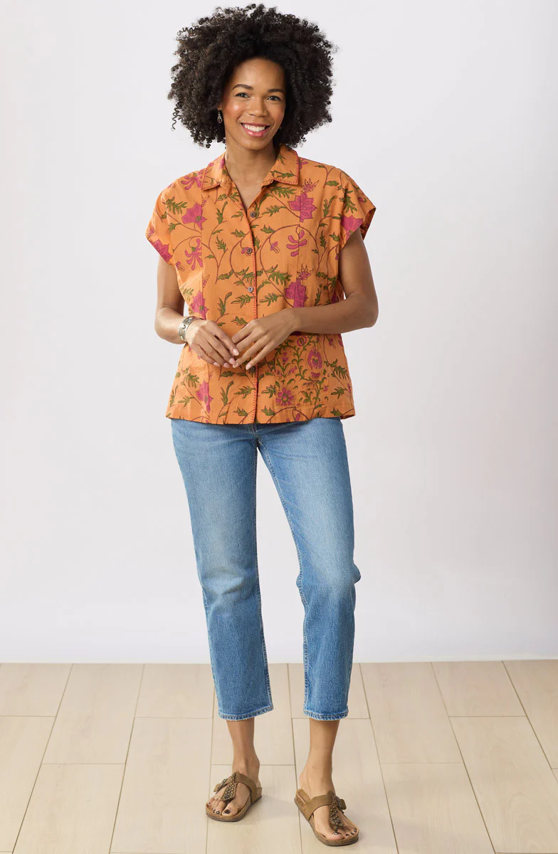 Radha Organic Cotton Button-Down Top - Honey/Multi - Image 5