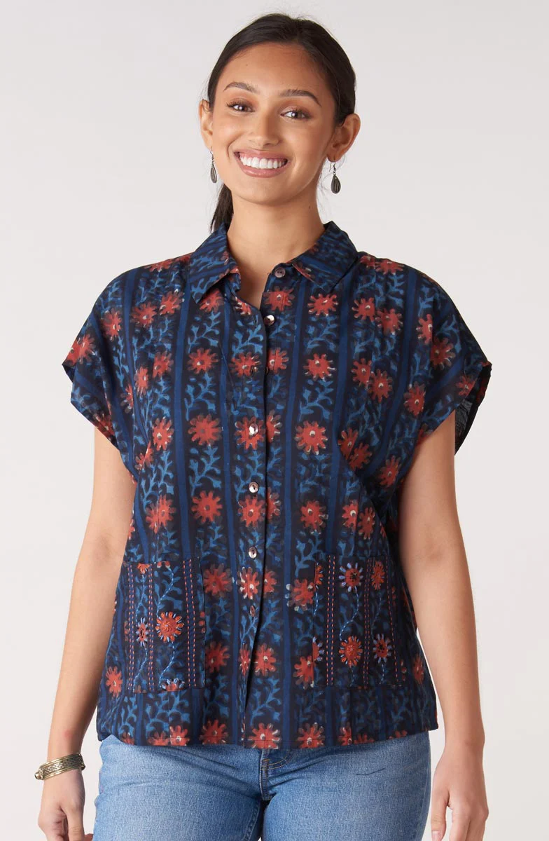 Radha Natural Dye Button-Down Top - Indigo/Multi
