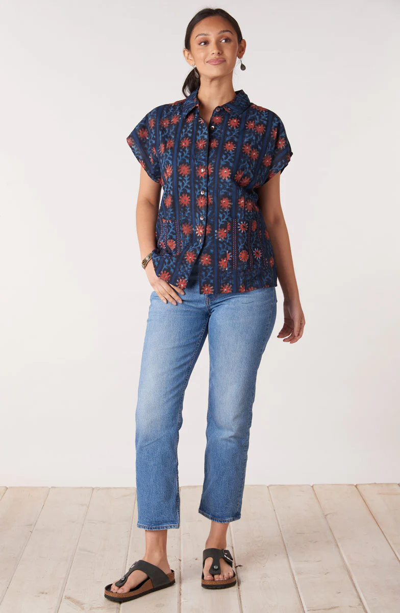 Radha Natural Dye Button-Down Top - Indigo/Multi - Image 4