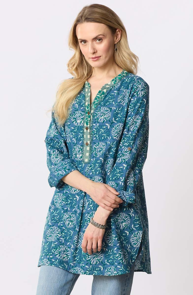 Raisa Roll-Sleeve Band Collar Shirt - Summer night - Image 2