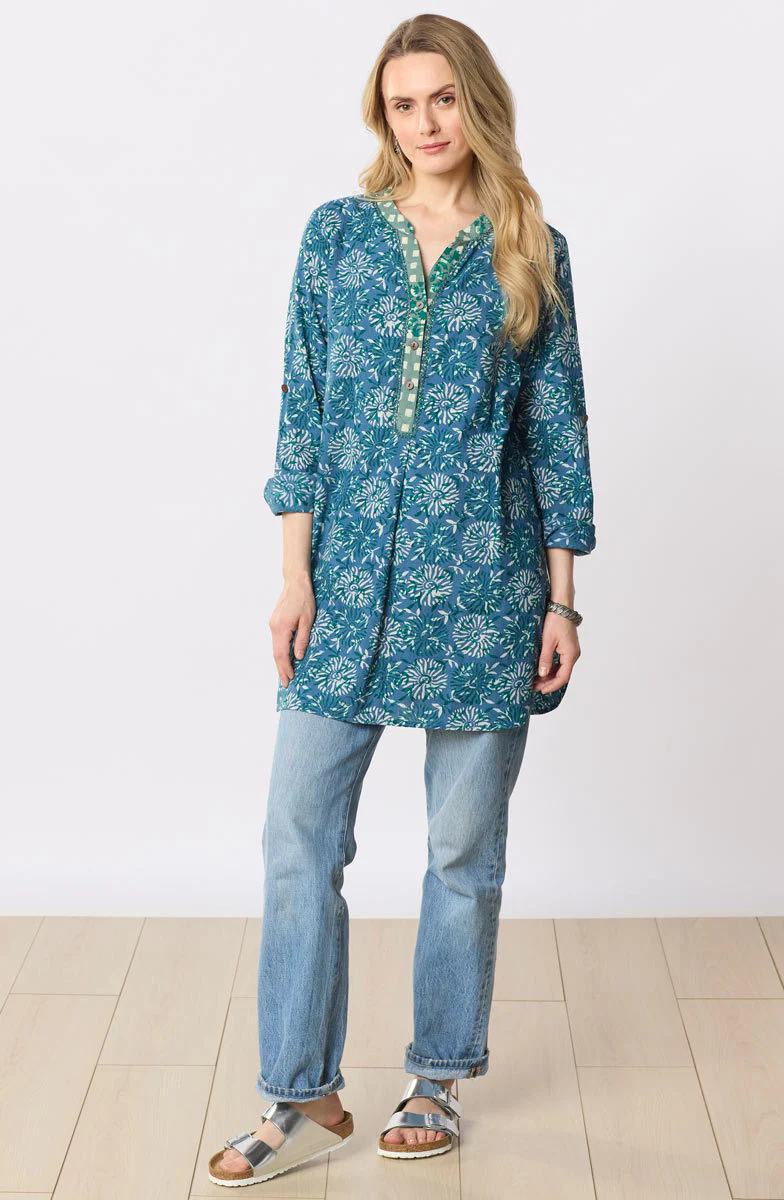Raisa Roll-Sleeve Band Collar Shirt - Summer night - Image 5