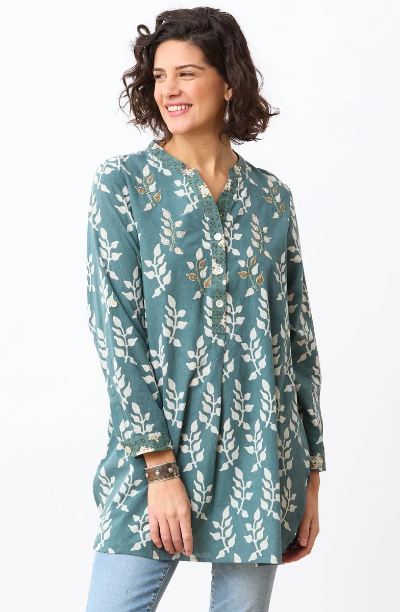 Raisa Roll-Sleeve Band Collar Shirt - Sea grass