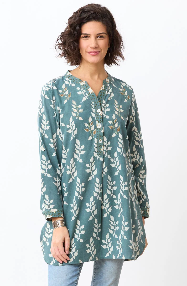 Raisa Roll-Sleeve Band Collar Shirt - Sea grass - Image 2