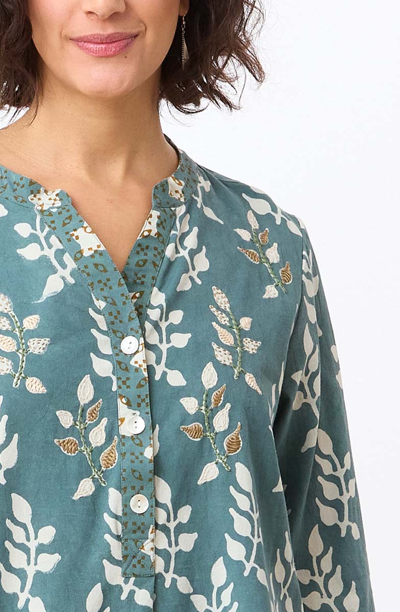 Raisa Roll-Sleeve Band Collar Shirt - Sea grass - Image 3