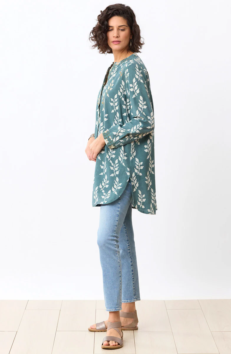Raisa Roll-Sleeve Band Collar Shirt - Sea grass - Image 5