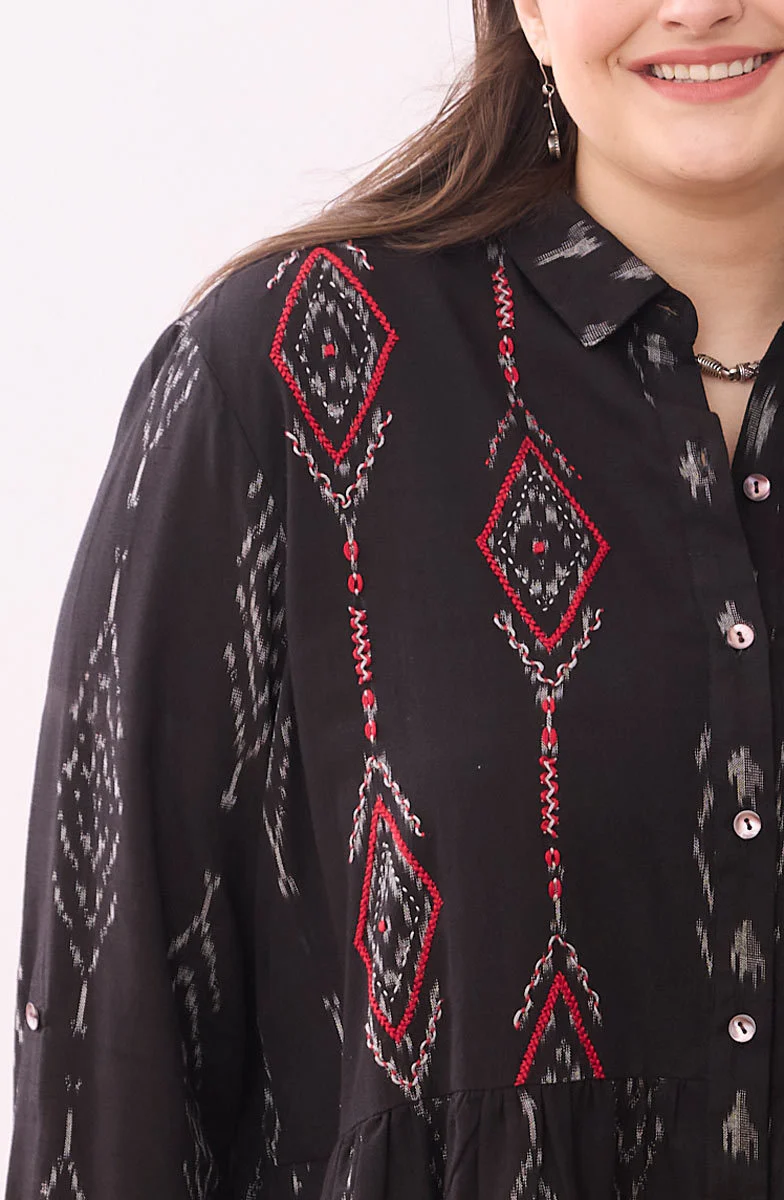 Rajni Ikat Drop Waist Shirtdress - Black - Image 3