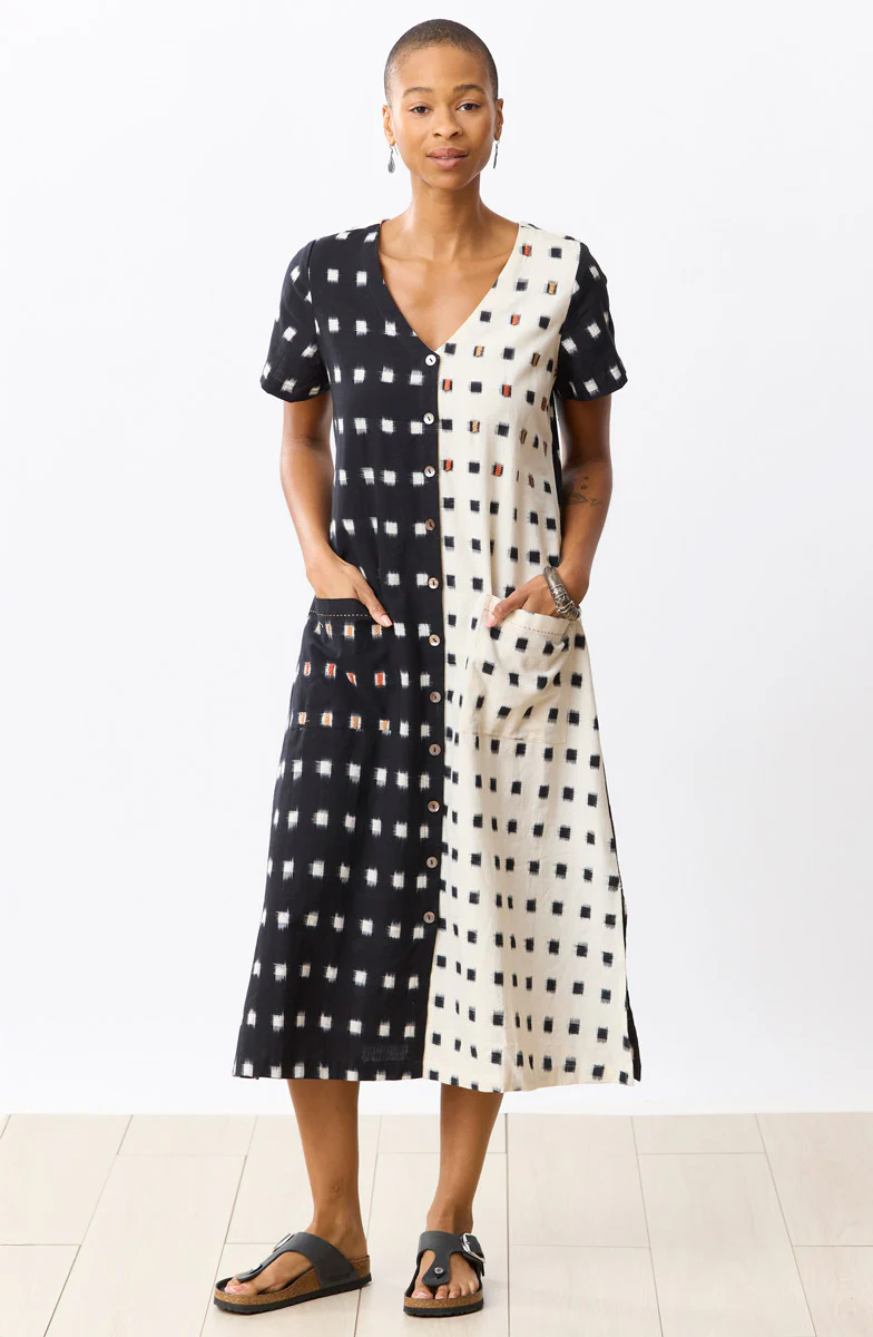 Rajouri Ikat Button Front Midi Dress - Soft white/Black
